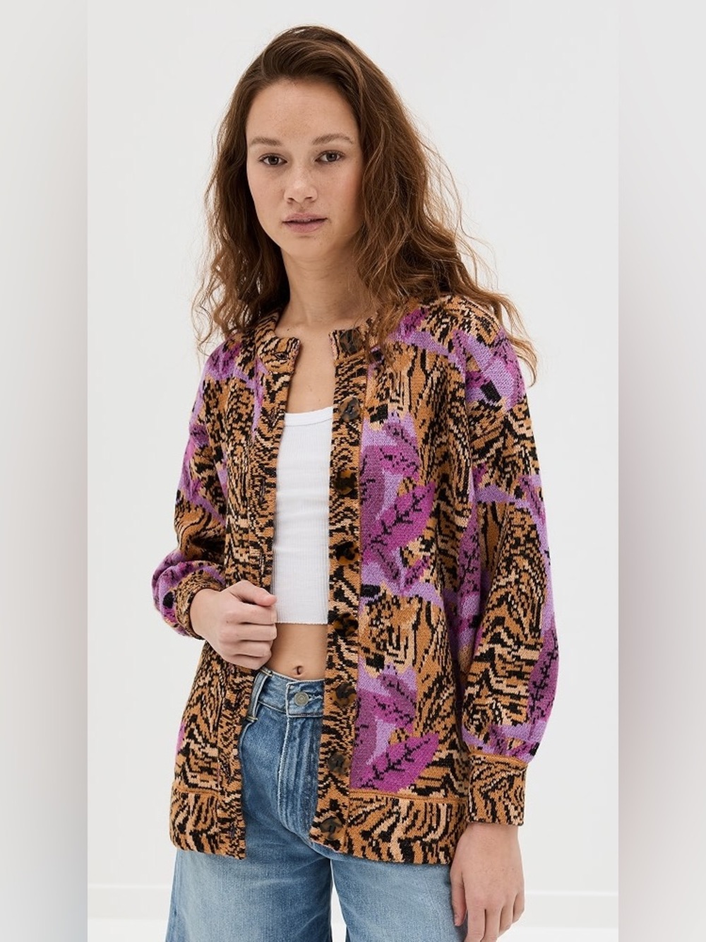 FARM RIO Tiger Leaves Knit Cardigan Sweater Purple Orange Animal Print Tropical